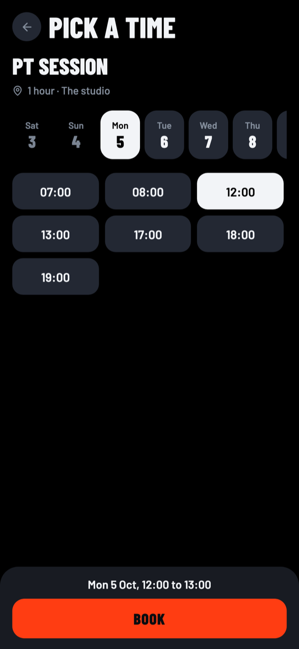 A client booking a PT session on their phone: a week of days and the free times.
