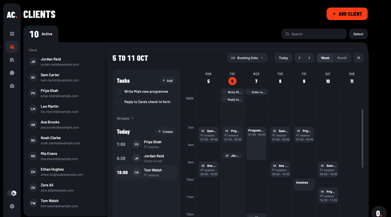 The coach's calendar in AptCoach: a week of sessions and check-in calls.